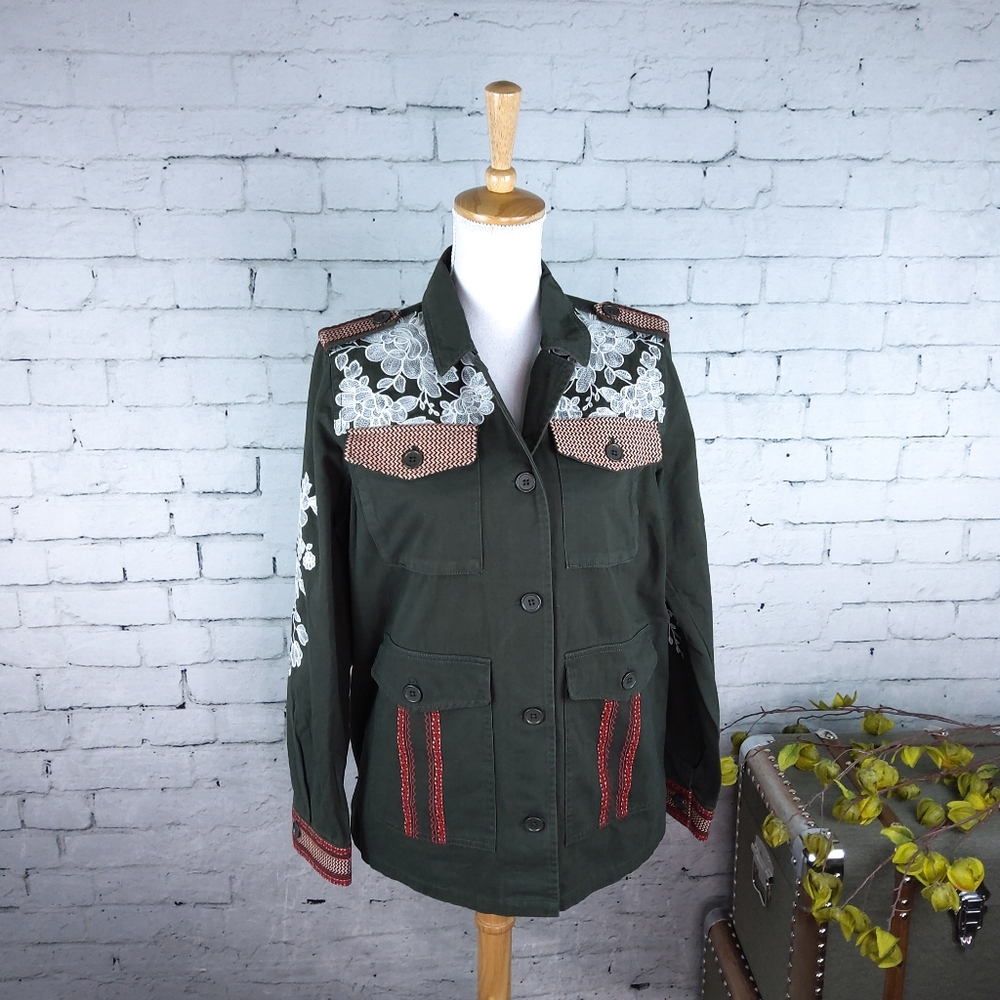 Driftwood Embroidered Military Jacket Olive M